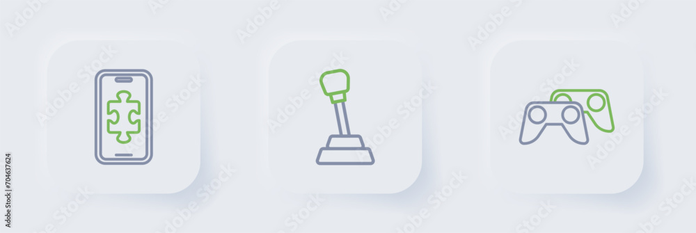 Poster set line game controller or joystick, gear shifter and mobile gaming icon. vector
