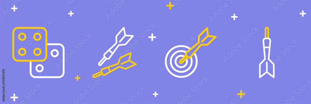 Poster set line dart arrow, classic dart board and, and game dice icon. vector