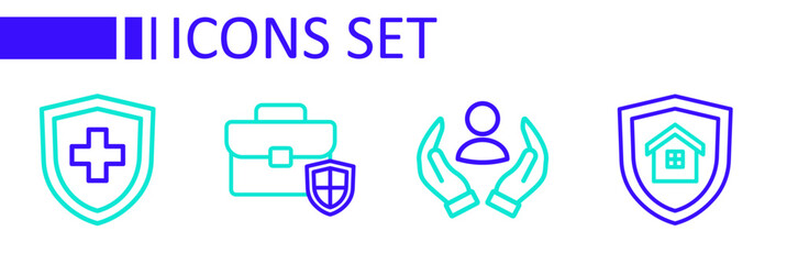 Set line House with shield, Life insurance, Briefcase and icon. Vector