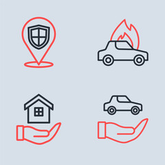 Set line Burning car, House hand, Car insurance and Location shield icon. Vector