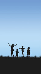 Silhouettes of children playing on grass against a clear blue sky, embodying the spirit of freedom and playfulness.
