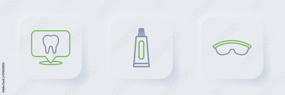 Canvas Prints Set line Safety goggle glasses, Tube of toothpaste and Dental clinic location icon. Vector