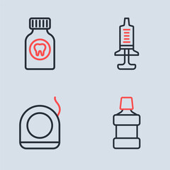 Set line Syringe, Dental floss, Mouthwash and Toothache painkiller tablet icon. Vector