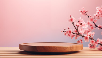 Geometric empty wooden platform podium for product presentation and spring blooming tree branch with pink flowers on pink background