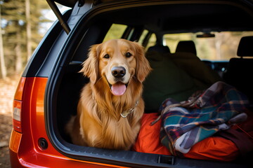 Golden Retriever sitting in the back of a car