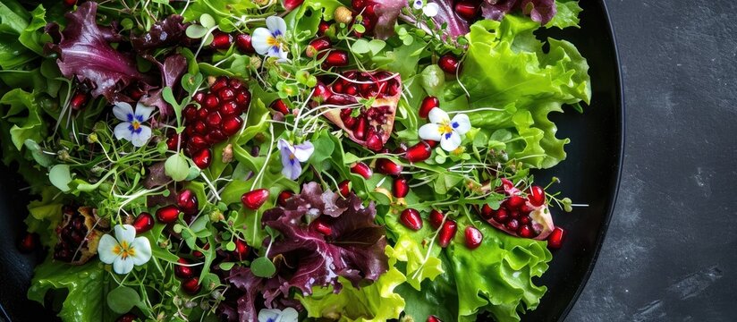 Wild chickweed, nut lettuce and pomegranate in a fresh spring salad.