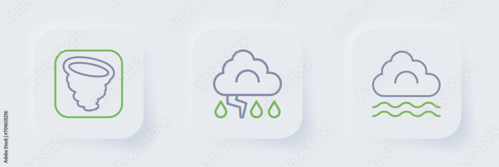Poster set line fog and cloud, cloud lightning and tornado icon. vector