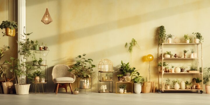Stylish vintage home interior with elegant gold accents, lots of potted plants. Cozy minimalistic decor, home garden. Copy space available. Template provided.