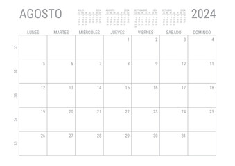Agosto Calendario 2024 Mensual para imprimir con numero de semanas A4