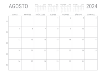 Fotobehang Agosto Calendario 2024 Mensual para imprimir con numero de semanas A4 © SelfPublishing201