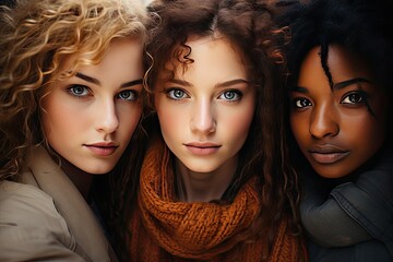 Obraz premium Diversity, beauty and portrait of a group of women in studio for skincare, makeup or cosmetic routine. Feminism, female empowerment and face of multicultural girl friends isolated by brown background