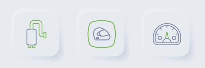 Set line Speedometer, Racing helmet and Car muffler icon. Vector