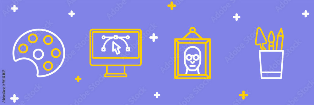 Poster set line pencil case stationery, picture, computer with design program and palette icon. vector