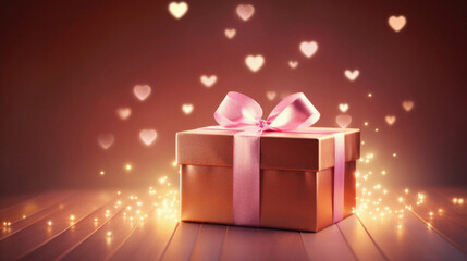 Gift box with heart bokeh background.