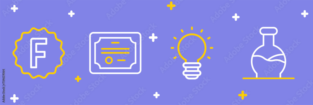 Poster set line test tube, creative lamp light idea, certificate template and exam paper with incorrect ans