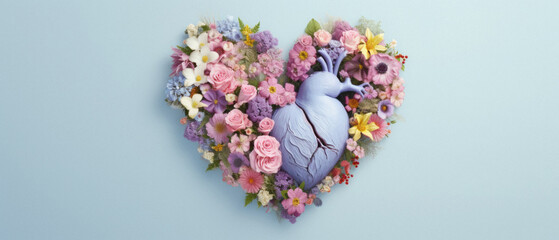 Heart made of flowers on blue background, valentines day concept.