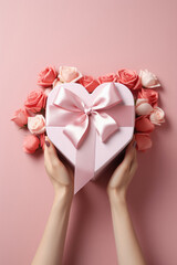 Female hands holding a gift box in the shape of a heart on a pink background.