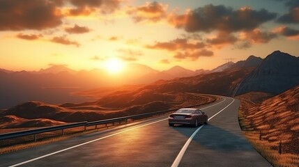 Fototapeta na wymiar Car on an asphalt road in the mountains at sunset