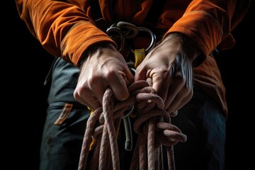 A climber's hands gripping a climbing rope, focus on strength and gear - obrazy, fototapety, plakaty