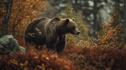  a large brown bear walking through a forest filled with lots of trees and tall brown and orange grass and trees with yellow and orange leaves.