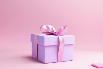 Gift box with pink ribbon and heart on pink pastel background.