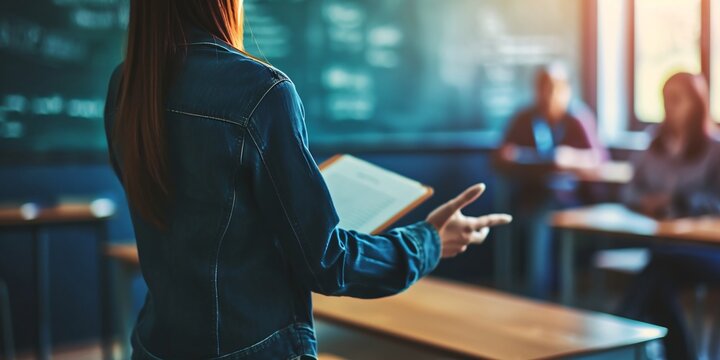 Back view of female teacher pointing at chalkboard in classroom. Education concept - Generative ai