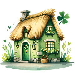 Cozy Irish cottage watercolor illustration. Generative AI. - obrazy, fototapety, plakaty
