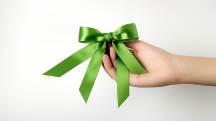 Image of two hands and in the hand there is a green ribbon. Awareness. White background image.