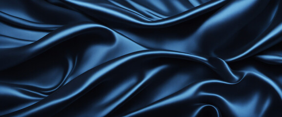 Fototapeta premium Black blue silk, satin. Shiny fabric surface. Beautiful wavy folds. Dark elegant background with space for design. Web banner.