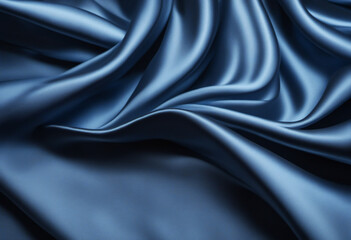 Fototapeta premium Black blue silk satin. Wavy folds. Shiny fabric surface. Elegant navy blye background with space for design.