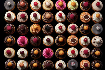 Top view of the assortment of many different cupcakes with colorful frosting and berries on black table background. Bakery concept - obrazy, fototapety, plakaty