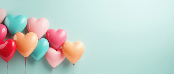 Colorful heart shaped balloons on pastel blue background with copy space.