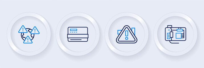 Set line Motherboard, Exclamation mark in triangle, Credit card and Earth with exclamation icon. Vector