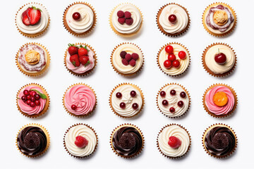 Top view of the assortment of many different cupcakes with colorful frosting and berries on white table background. Bakery concept - obrazy, fototapety, plakaty