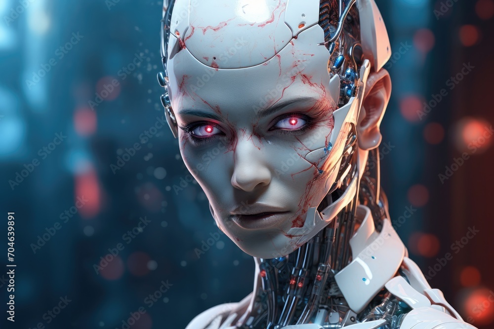 Aufkleber an image showing a robotic figure with piercing red eyes and a stark white face, close-up view of a 