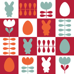 Easter pattern with rabbits, eggs and tulip flowers in geometric style. Perfect print for poster, card, banner, tablecloth. Great design for any project.