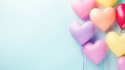 Valentine's day background with colorful heart shaped balloons on blue background.