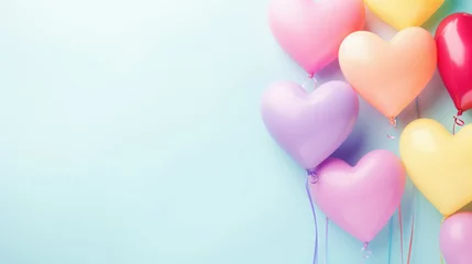 Fotobehang Valentine's day background with colorful heart shaped balloons on blue background. © Synthetica
