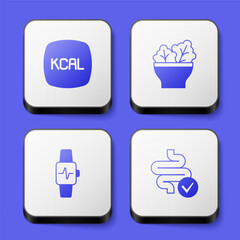 Set Kcal, Salad in bowl, Smart watch with heart and Intestines icon. White square button. Vector