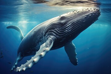 Witness the incredible sight of a humpback whale gracefully swimming in the vast and deep ocean, Humpback whales communicating through intricate song patterns, AI Generated
