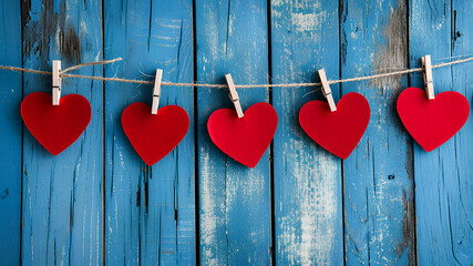 Five red cardboard hearts hanging on a string with small clothespins on a blue wooden background