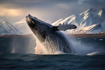 Fototapeta premium Witness the awe-inspiring sight of a humpback whale, soaring through the air, A whale gracefully swimming in the deep blue sea, specifically a Humpback whale in the ocean, AI Generated