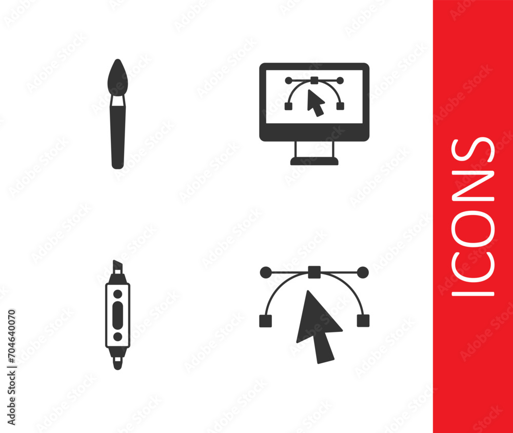 Poster set bezier curve, paint brush, marker pen and computer with design program icon. vector