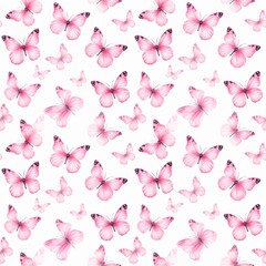 Pink watercolor butterflies pattern on white background