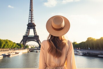 A woman stands in front of the iconic Eiffel Tower in Paris, France, tourist woman in summer dress and hat standing on beautiful sandy beach, AI Generated