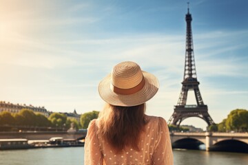 A woman wearing a hat poses in front of the iconic Eiffel Tower in Paris, tourist woman in summer dress and hat standing on beautiful sandy beach, AI Generated