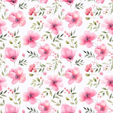 Watercolor Pink Flowers Pattern On Whitebackground