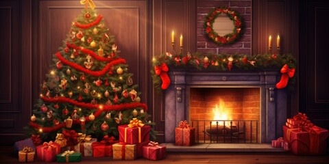 Fototapeta premium Festive Christmas backdrop with tree, presents, and fireplace