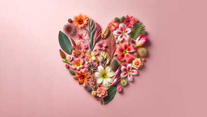 Heart made of tropical flowers and leaves against pastel pink background. Natural minimal concept. Creative spring idea. Flowers heart. Valentine's day or Woman's day design.