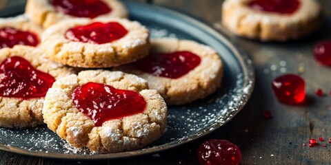 Obraz na płótnie Canvas Round fresh cookies with heart shaped strawberry jam, close-up background